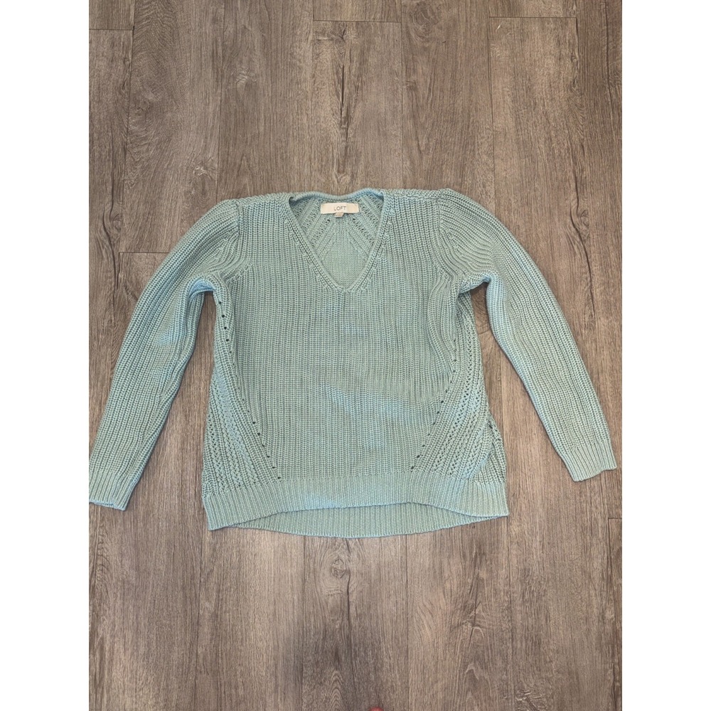 Ann Taylor Loft Sweater Women Medium Mint Green Chunky Knit Ribbed V Neck Winter